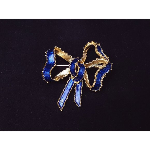Vintage Victorian Tiffany & Co 18K Solid Yellow Gold Blue Enamel Bow Brooch Pin - Picture 4 of 16